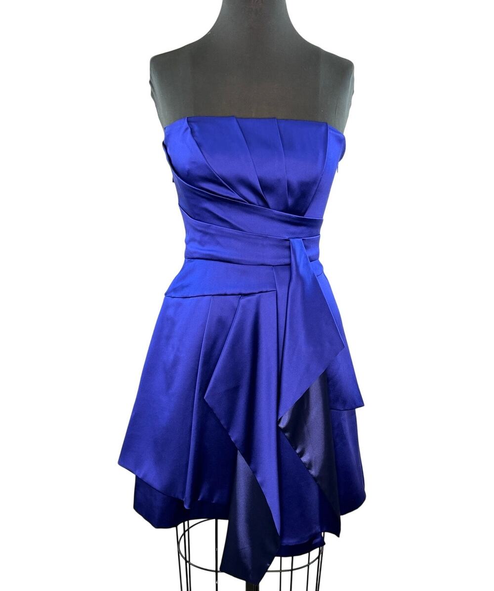 Karen Millen Royal Blue Mini Dress Silk Stretch Asymmetric Ruffled Cocktail Sz 6